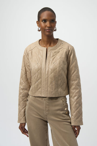 JOSEPH RIBKOFF FAUX SUEDE DIAMOND QUILTED JACKET STYLE 254929 COLOUR FAWN