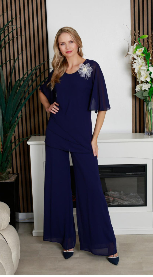 GLITZ TWO PIECE CHIFFON TROUSER SUIT STYLE 1552 COLOUR NAVY