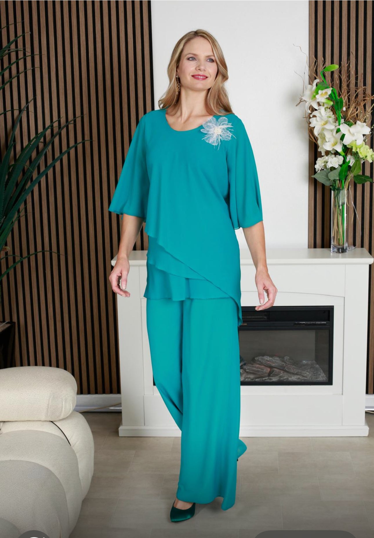 GLITZ TWO PIECE CHIFFON TROUSER SUIT STYLE 1552 COLOUR JADE