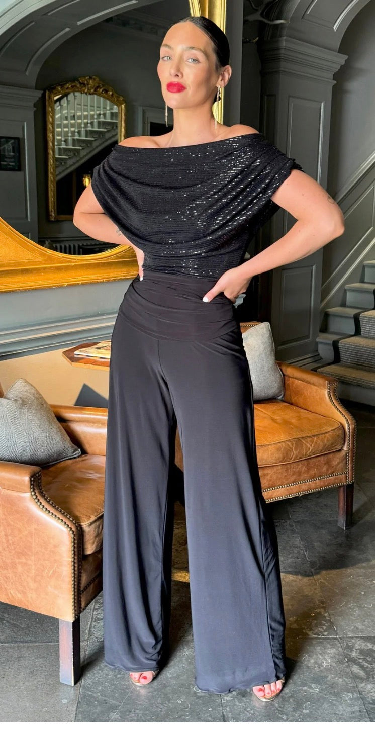 ATOM LABEL CARBON JUMPSUIT IN BLACK SPARKLE