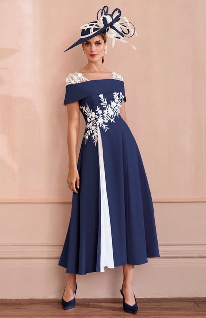 JOHN CHARLES DRESS STYLE 66625 CREPE & APPLIQUE COLOUR NAVY/IVORY