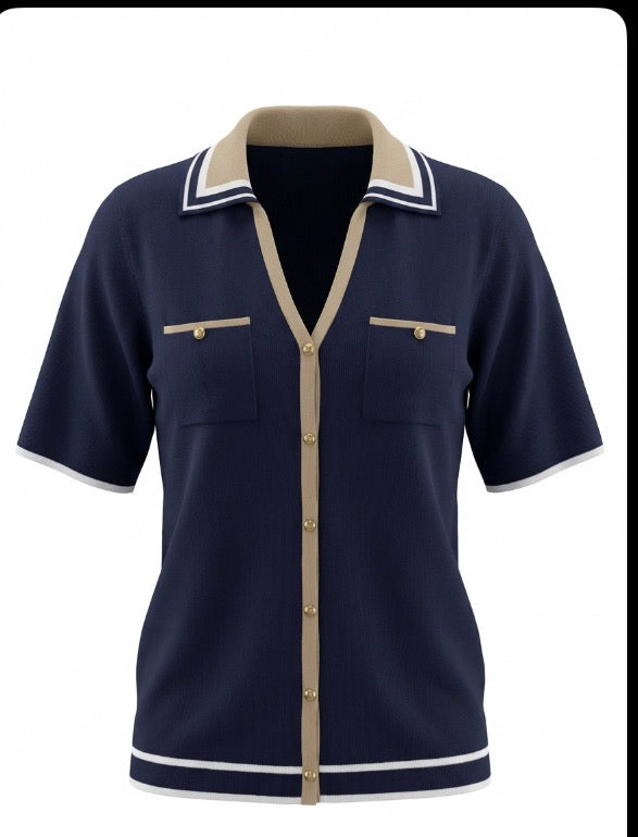 MICHA SHORT SLEEVED KNITTED TOP STYLE 181163 COLOUR NAVY/SAND