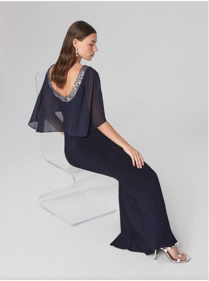 JOSEPH RIBKOFF SILKY KNIT AND CHIFFON TRUMPET GOWN | STYLE 241717 | COLOUR: MIDNIGHT BLUE