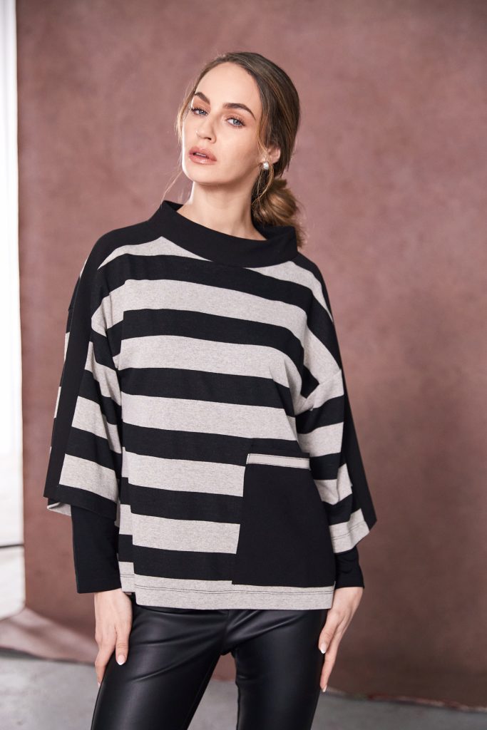 NAYA WOVEN STRIPED HIGH NECK TOP STYLE NAW25269 COLOUR BLACK & TAUPE