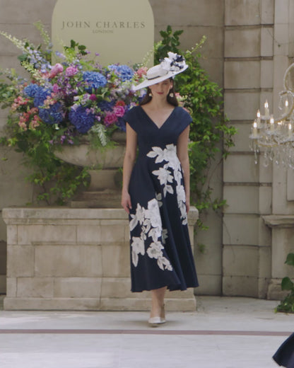 JOHN CHARLES DRESS STYLE 66718P CREPE & APPLIQUE COLOUR NAVY/IVORY