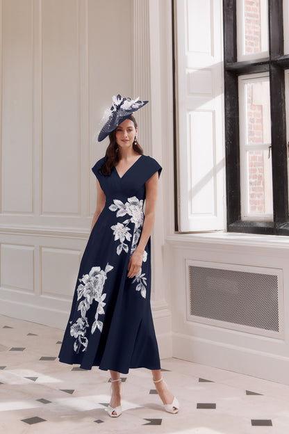 JOHN CHARLES DRESS STYLE 66718P CREPE & APPLIQUE COLOUR NAVY/IVORY